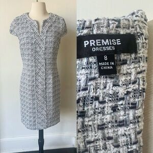 Premise Tweed Sheath Dress White Blue Notch Neck Zipper 8